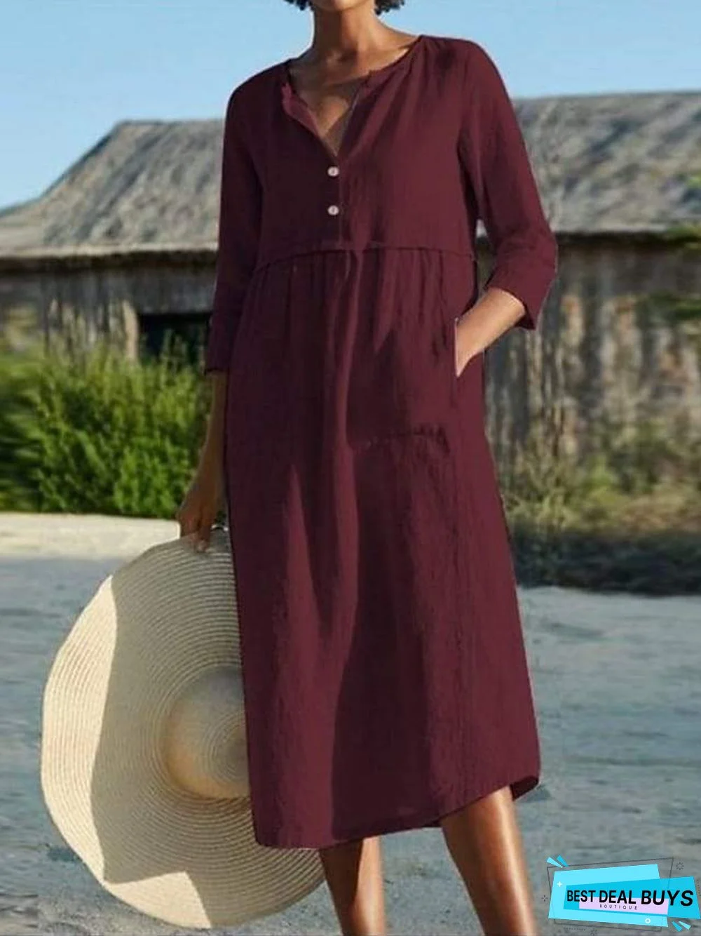 Women's A Line Dress Midi Dress Black Blushing Pink Wine Light Blue 3/4 Length Sleeve Solid Color Pocket Summer Shirt Collar Work Hot Casual Linen