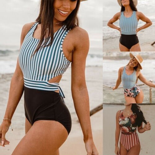 Summer Ladies Women High Waist Sexy Striped Swimwear Swimsuit Beachwear Bathing Suit One-piece Bathing Suit