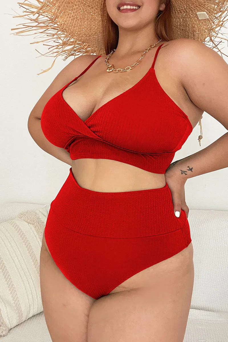 Red Sexy Solid Patchwork Spaghetti Strap Plus Size Swimwear | EGEMISS