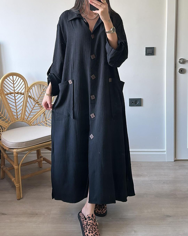 Shirt Collar Single Breasted Long Sleeve Side Pockets Loose Maxi Dress
