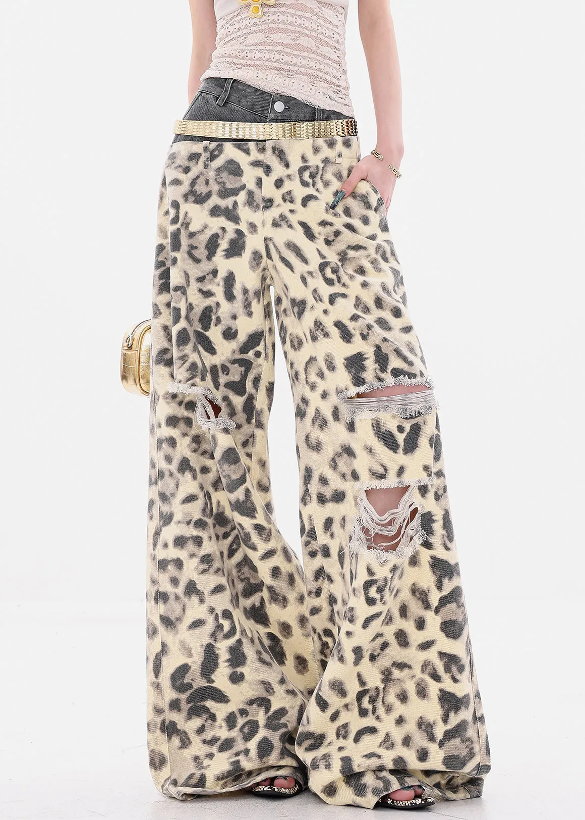 denim wide-leg casual patchwork python pants | wide... Unique Leopard Hole Patchwork Denim Wide Leg Pants Summer