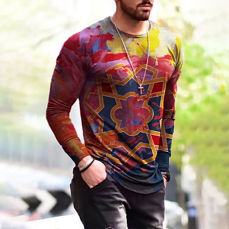 BrosWear Men's Graffiti Graphics Print Long Sleeve Round Neck T-shirt