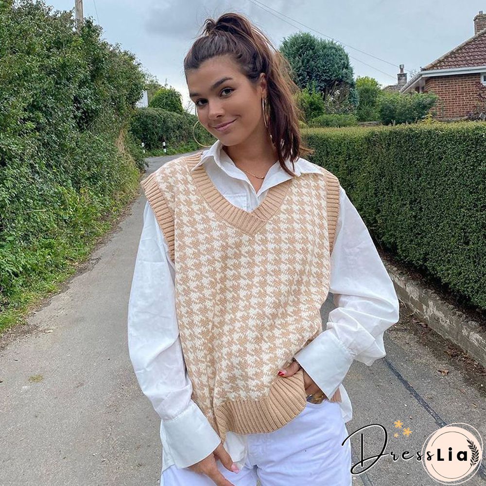 Checkered Cropped Knitted Tank Argyle Sleeveless Jumper