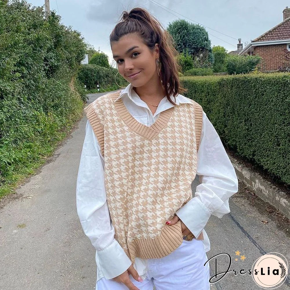 Checkered Cropped Knitted Tank Argyle Sleeveless Jumper