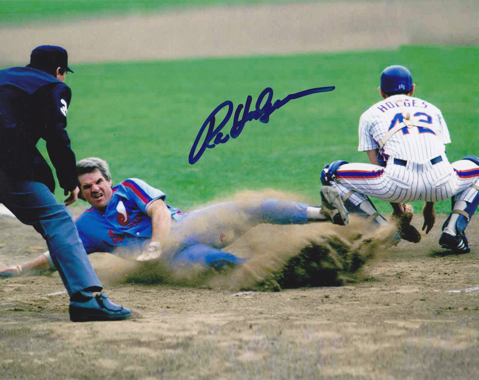 RON HODGES NEW YORK METS W/ PETE ROSE ACTION SIGNED 8x10