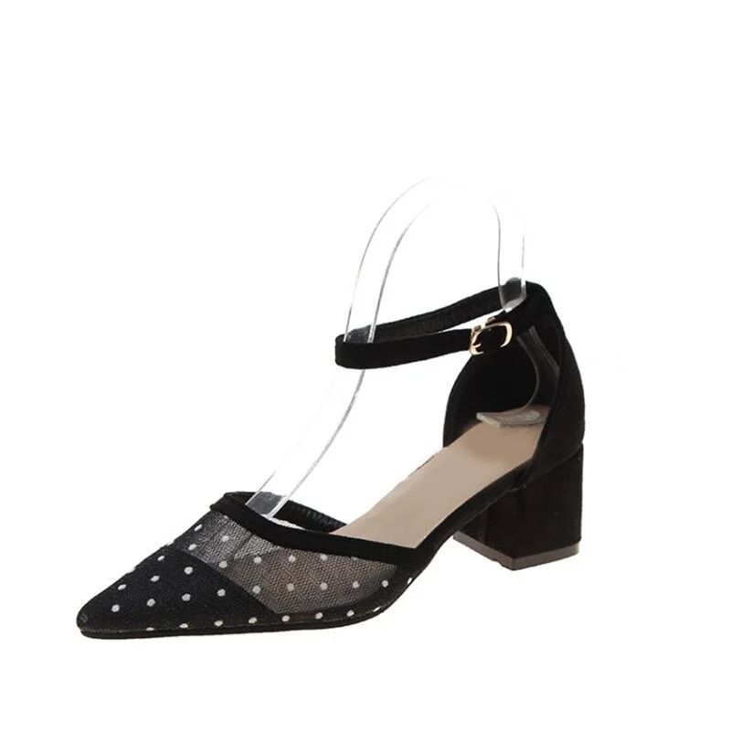 Shoes Women Pumps Female Mesh Pointed Toe Polka Dot Shoes Ankle Buckle Strap Breathable High Heel Casual Ladies Footwear