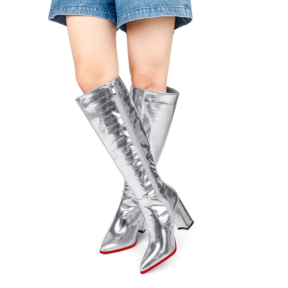 95mm/3.75 inches Fashionable zipper crocodile pattern high heels knee-high boots thick heel pointed toe red bottom boots-vocosishoes