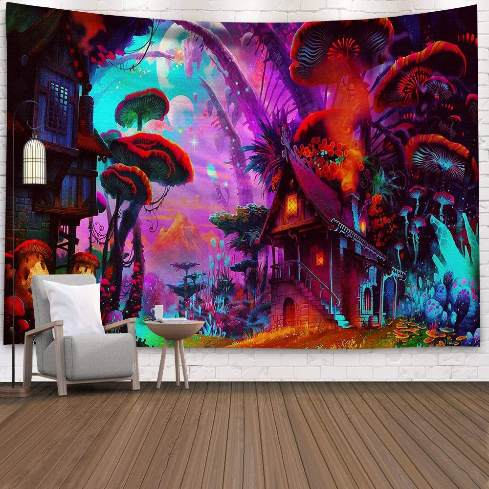 Hippy Psychedelic Dreamlike Mushroom Tapestry Home Bedroom Abstract Trippy Fairy Tale Wall Hanging Tapestry Decor Beach Towel