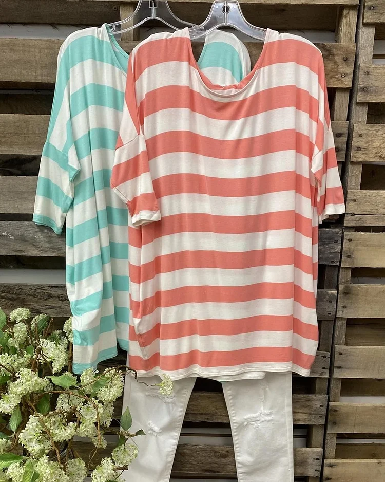 Women's cotton striped round neck short sleeves-Mayoulove