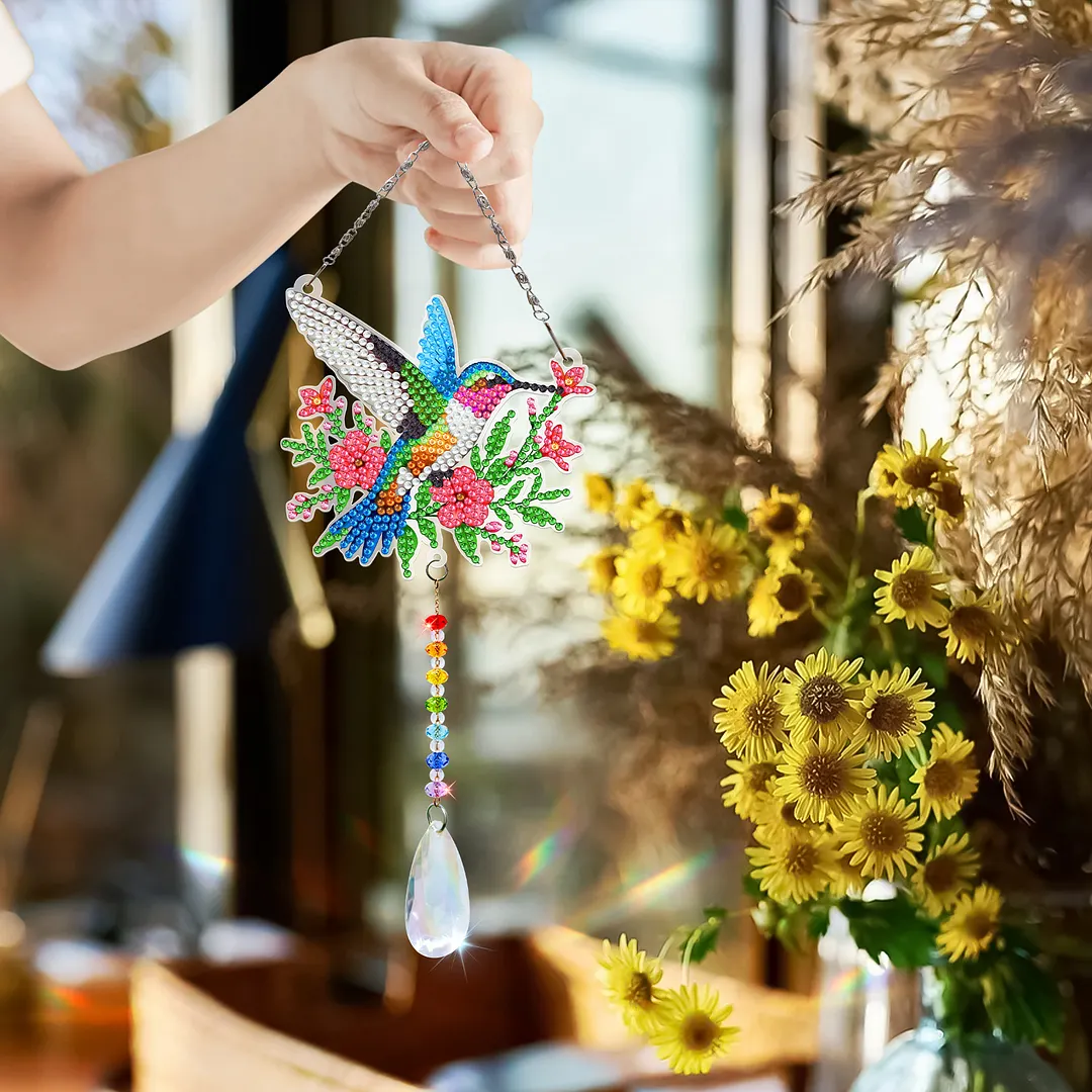 2Pcs Garden Hummingbird DIY Double-Sided Diamond Painting Hanging Kits Diamond Painting Suncatcher Craft Kit for Home Garden Wall Decor Gift