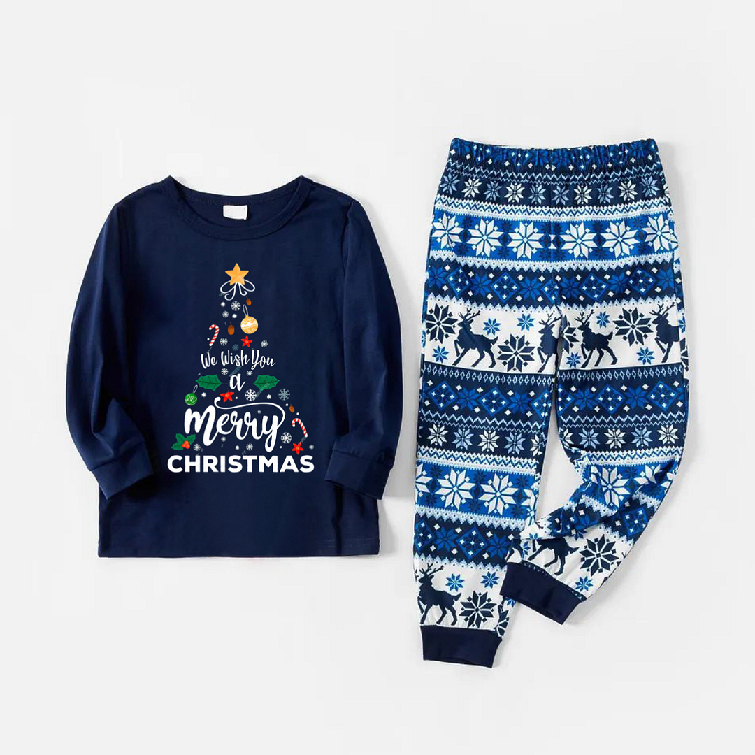 "We Wish You a Merry Christmas" Print Blue Family Christmas Matching Pajamas