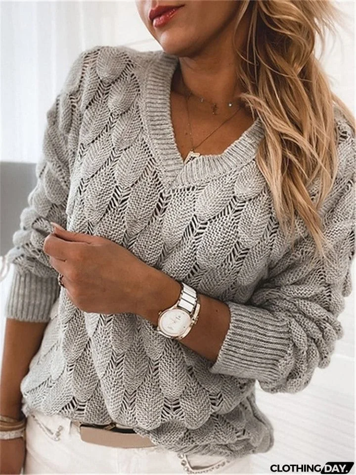 Women's Elegant Hollow Out Feather Pattern V Neck Pullover Knitted Sweaters