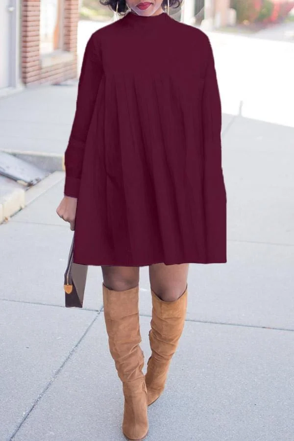 Solid Color Long-Sleeve Pleated Dress