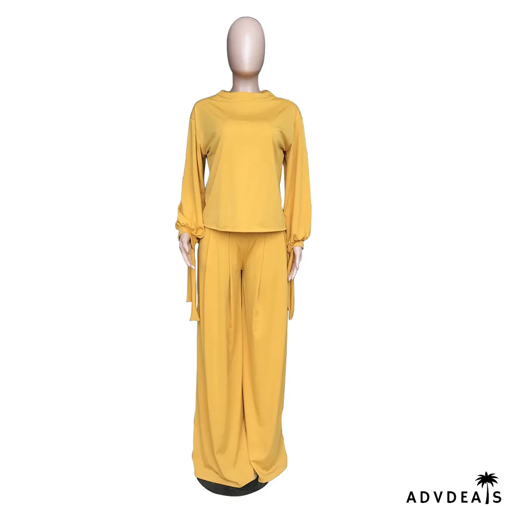 Autumn Solid Color Puff Sleeve Shirt and Loose Pants Set