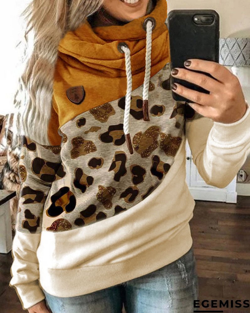 Lantern Sleeve Colorblock Leopard Print Hooded Top | EGEMISS
