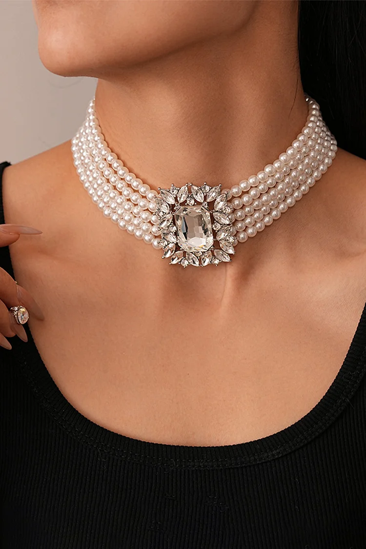 Retro Silver Rhinestone Multi-Layered Pearl Choker Necklace Bracelet Stud Earrings 2024 - Xpluswear