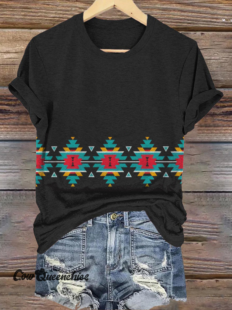 Simple Aztec Print Crew Neck T-Shirt Black / S