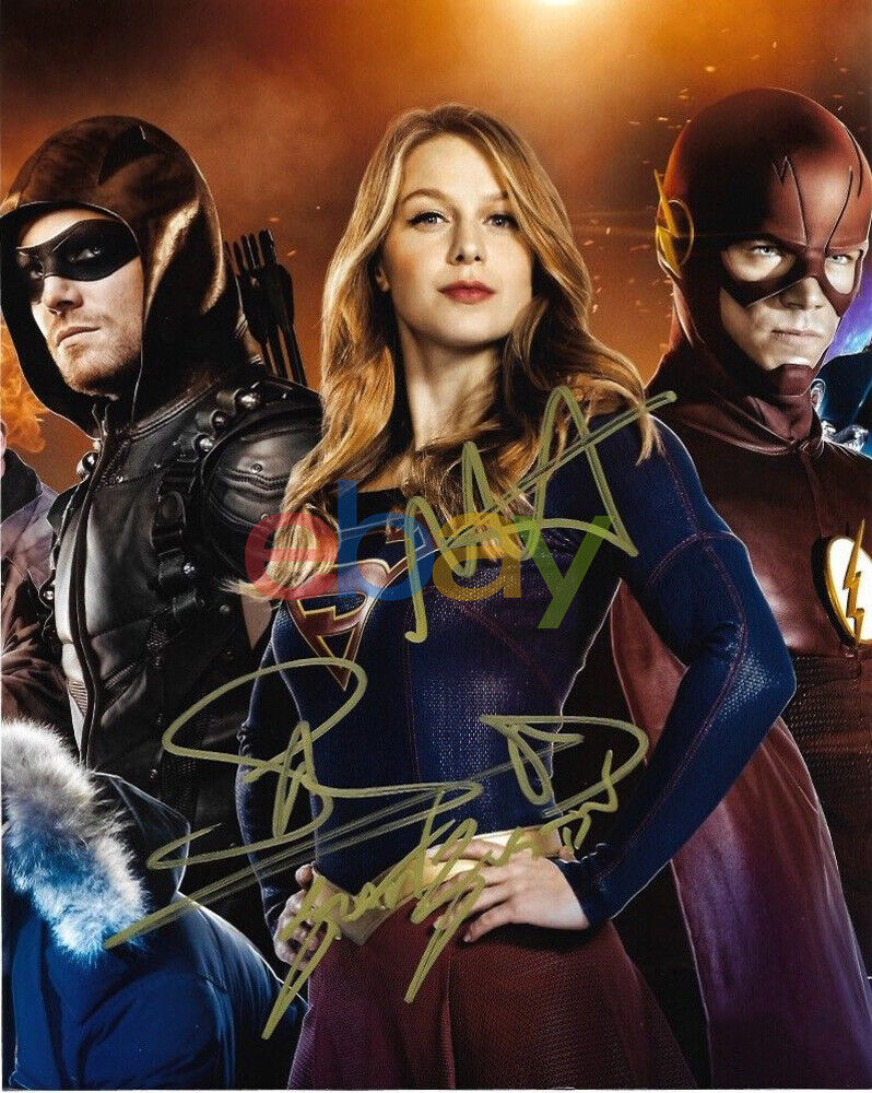 Melissa Benoist Grant Gustin Stephen Amell Signed 8x10 Photo Poster painting reprint