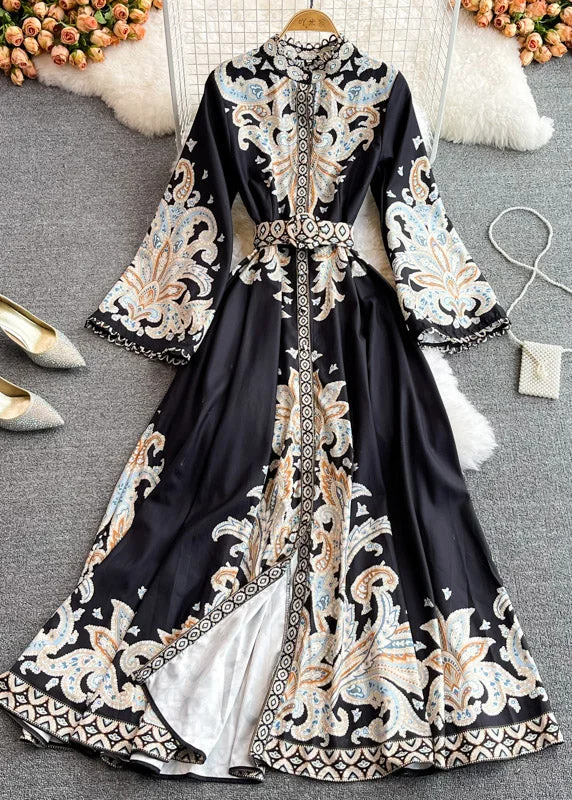 Black Stand Collar Sashes Button Long Dresses Puff Sleeve
