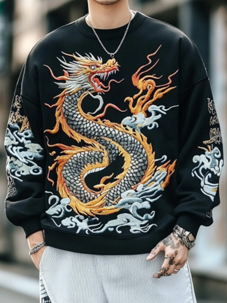 Men's Vintage Japanese Art Dragon Embroidery Print Sweatshirt