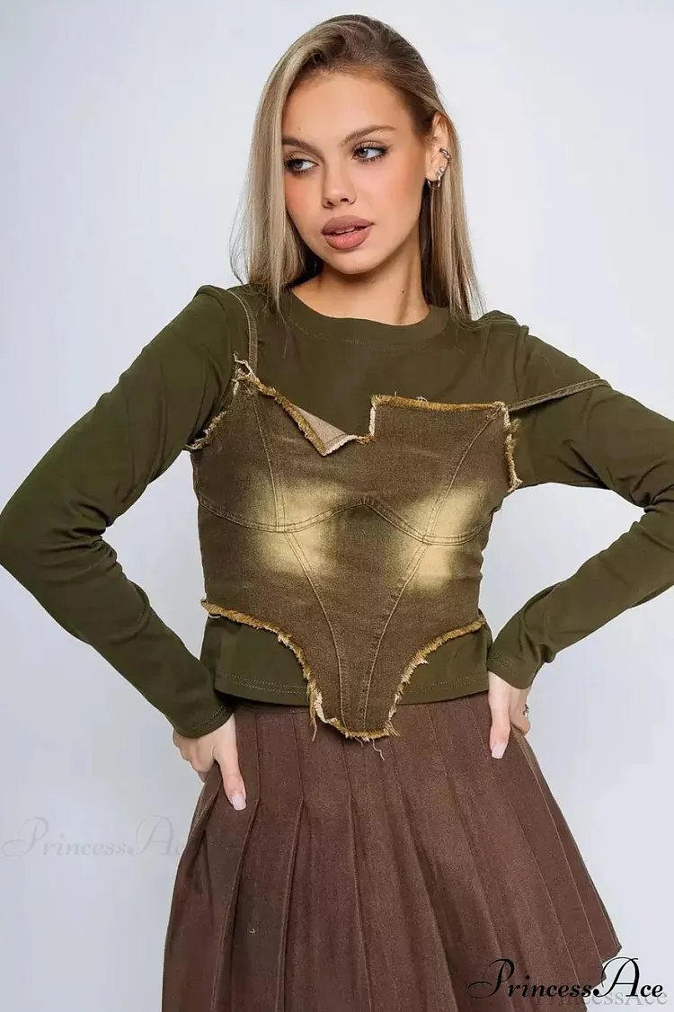 Washed Denim Cami Layered Slim Long Sleeve Tee