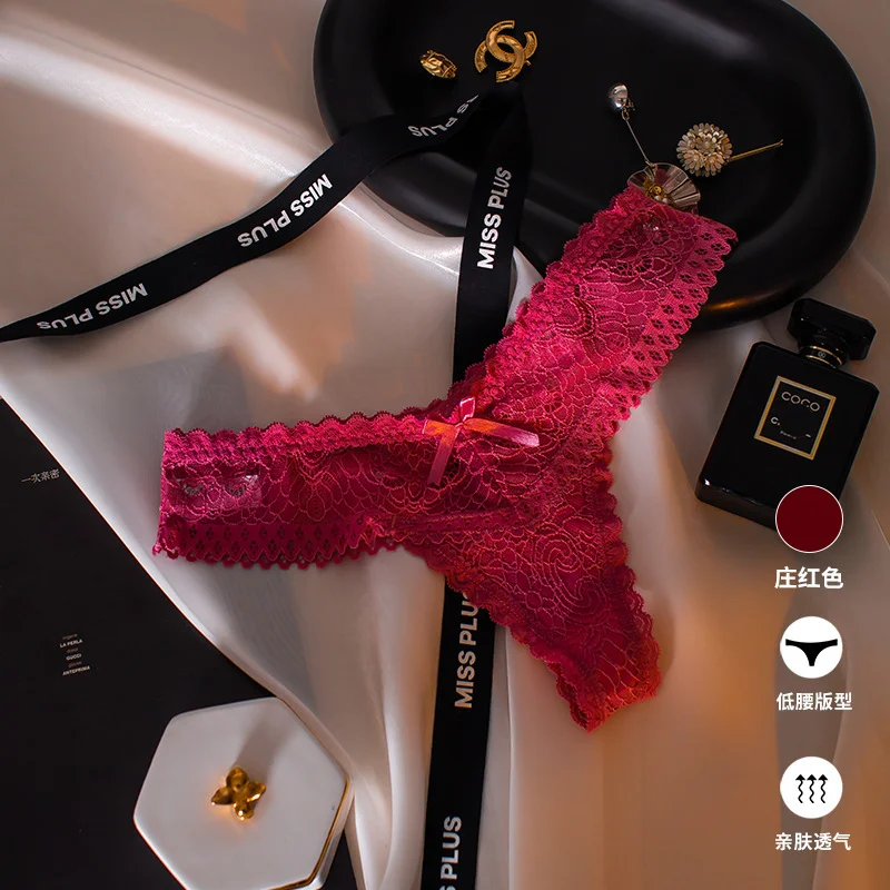 Uveng Uveng Sexy Lace Thong Female Hollow V Waist Pure Desire Bow Breathless Large Peach Butt Trousers