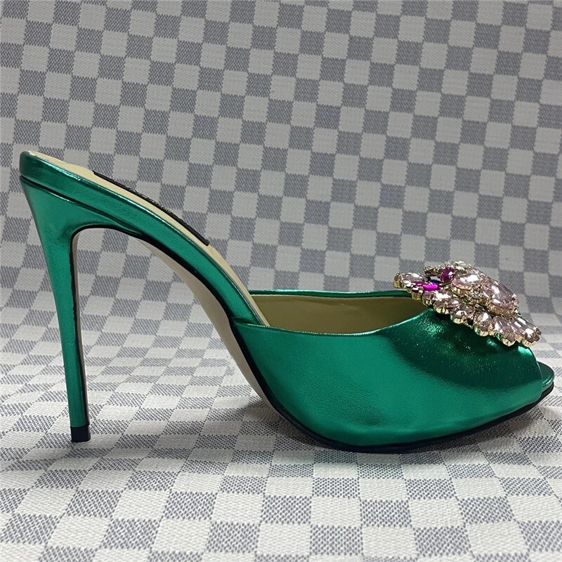 VCSHOES Genuine Leather Slingbacks Mules For Girls 10cm Stiletto Heel Rhinestone Diamond Flower Buckle Sandals Women