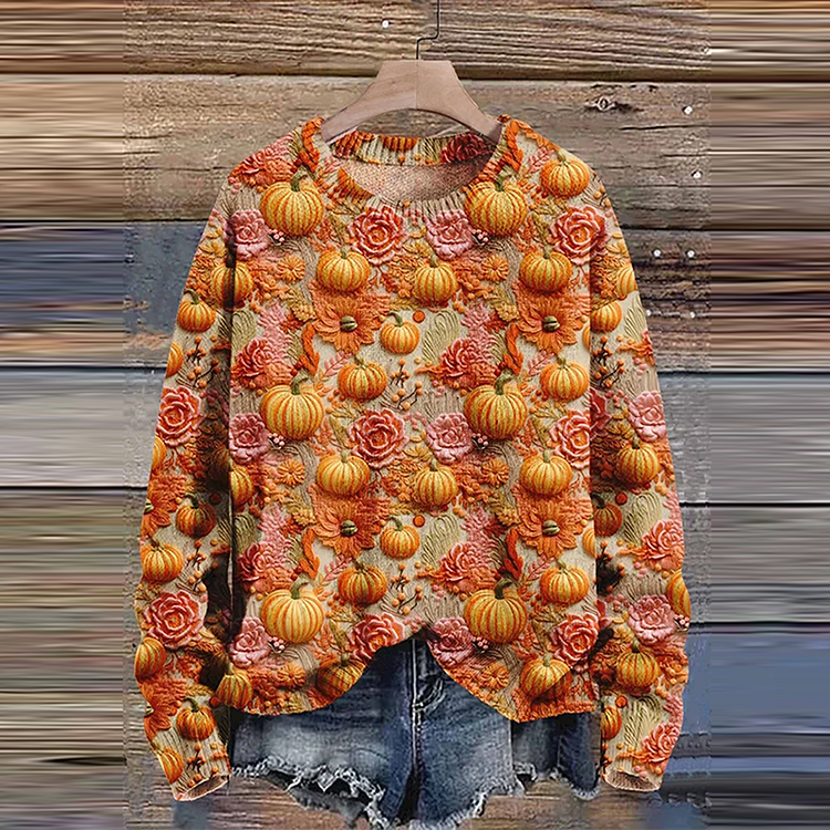 Thanksgiving Autumn Pumpkin Embroidery Art Print Knitted Pullover Comfort Sweater