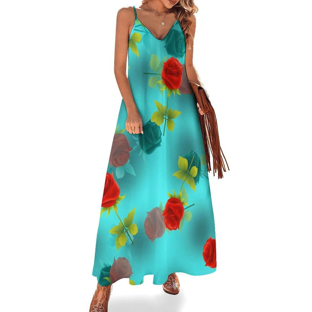 Style & Comfort for Mature Women Plus Size Printed Sling Casual Women Maxi Dress in Pattern Turquoise, Floral, Rose