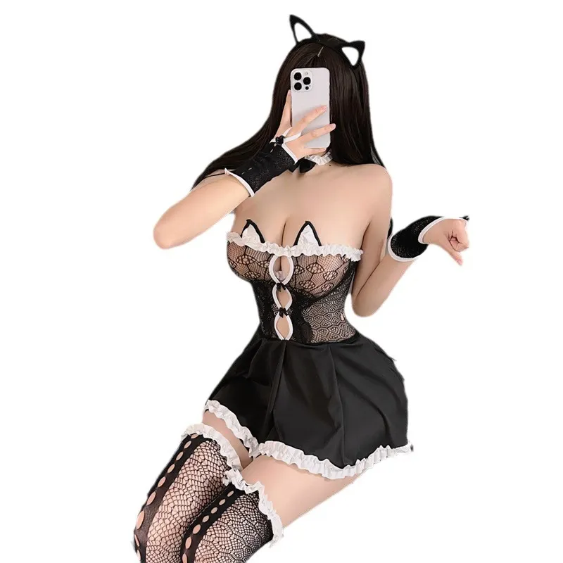 Churchf Sex Lingerie Lace Bunny Student JK Uniform Suit Seduced Pure Stockings Net Coat Plush Pajamas