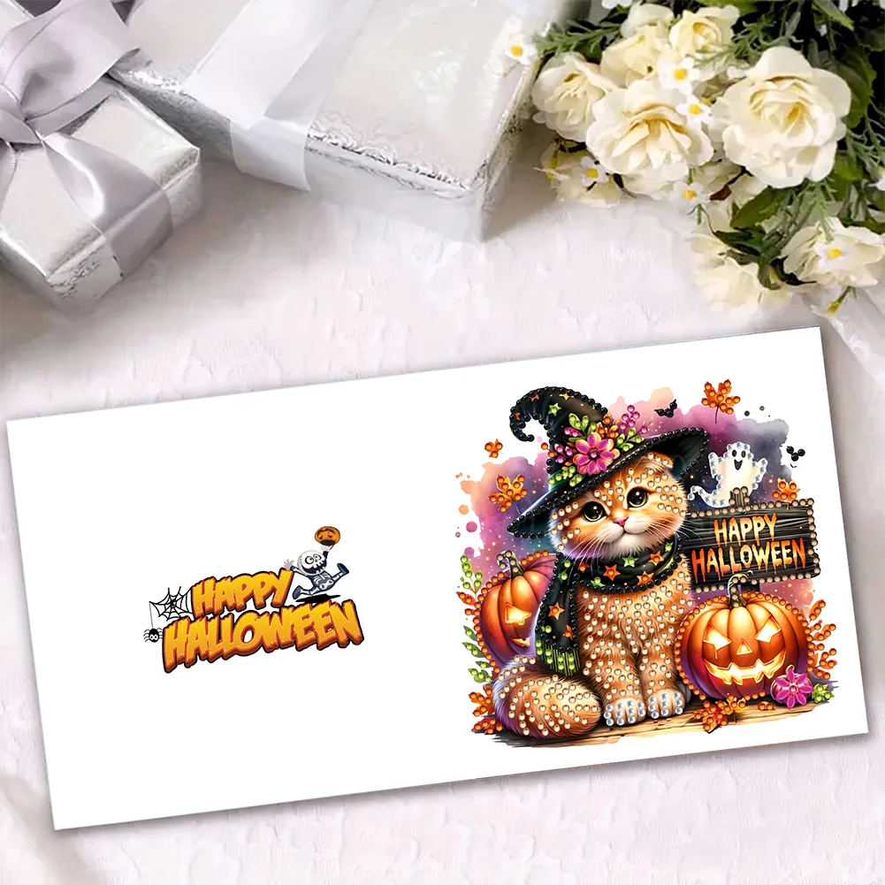 6PCS DIY Halloween Cat Diamond Art Greeting Cards for Halloween and Holidays
