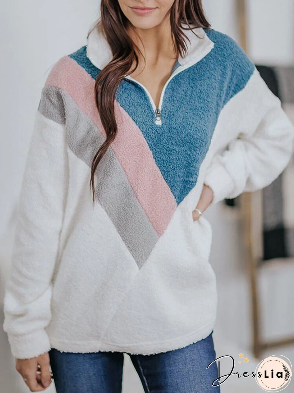 Color Block Contrast Patchwork Lapel Collar Plush Sweater