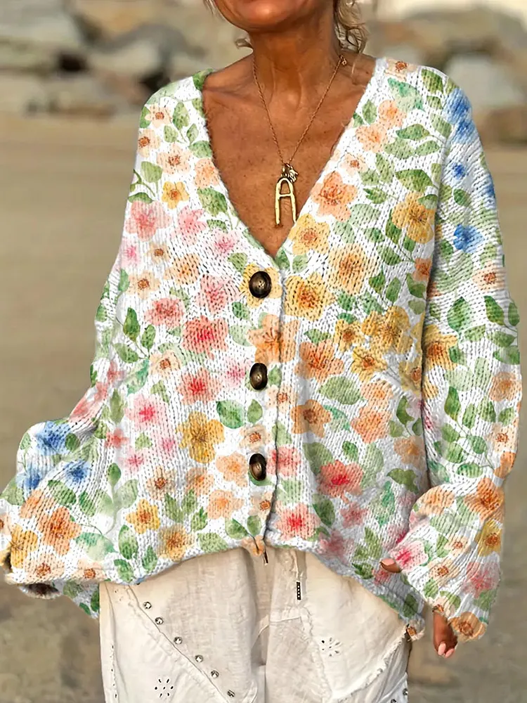 Women's Vintage Floral Art Print Casual Pullover Sweater