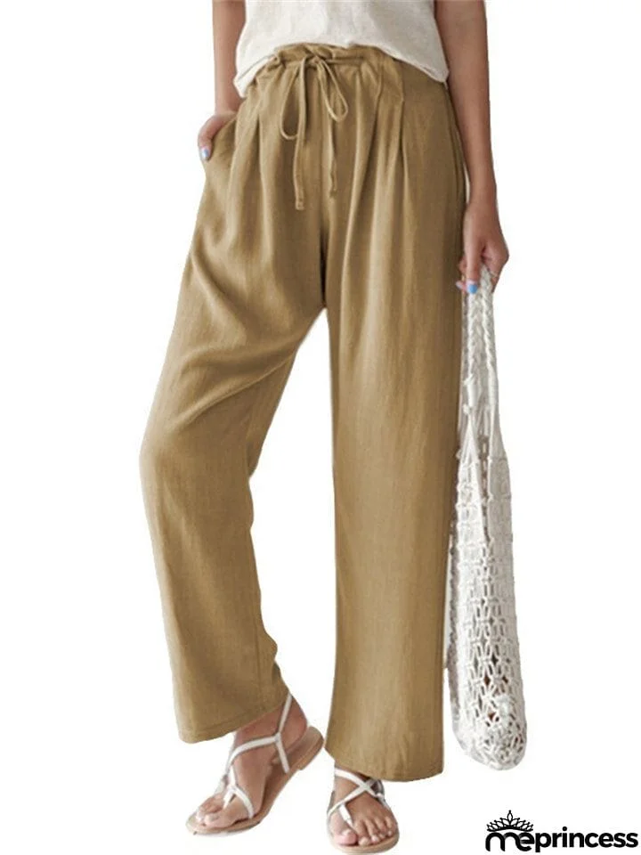 Female Leisure Solid Color Drawstring Linen Cotton Pants