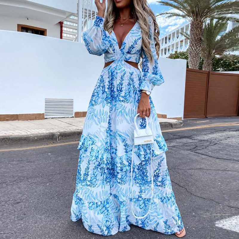Newlytor stylish dresses Spring New Long Dress Fashion Print Sexy Deep V-neck Long Sleeved Dress Women's Elegant Hollow Out Ruffle Spliced Maxi Dresses