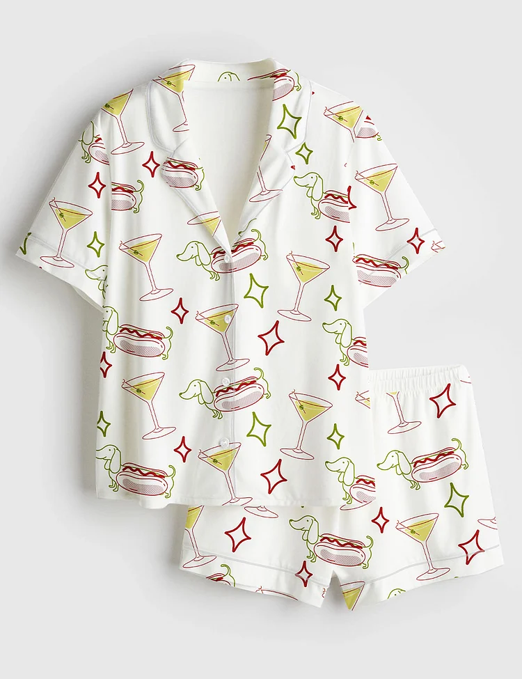 Women&rsquo;s Dachshund Weenies And Tinis Bachelorette Or Birthday Hot Dogs And Martinis Print Short Sleeve Satin Pajama Set