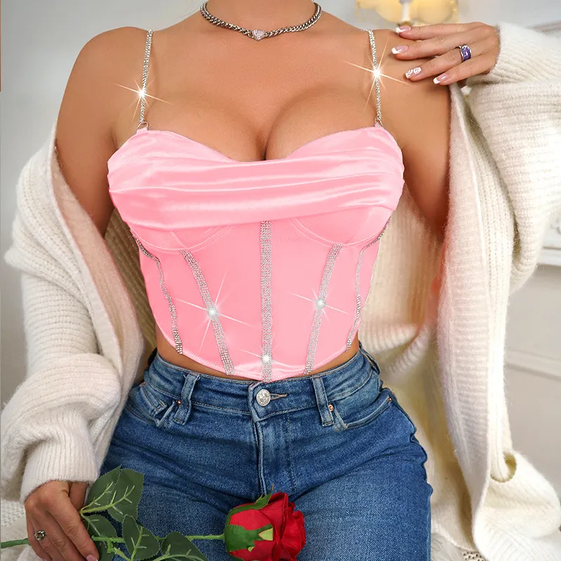 Churchf Churchf Niche Pleated Sexy Low Collar Diamond Waist Show Thin Bra Hot Girl Short Jacket Vest Woman