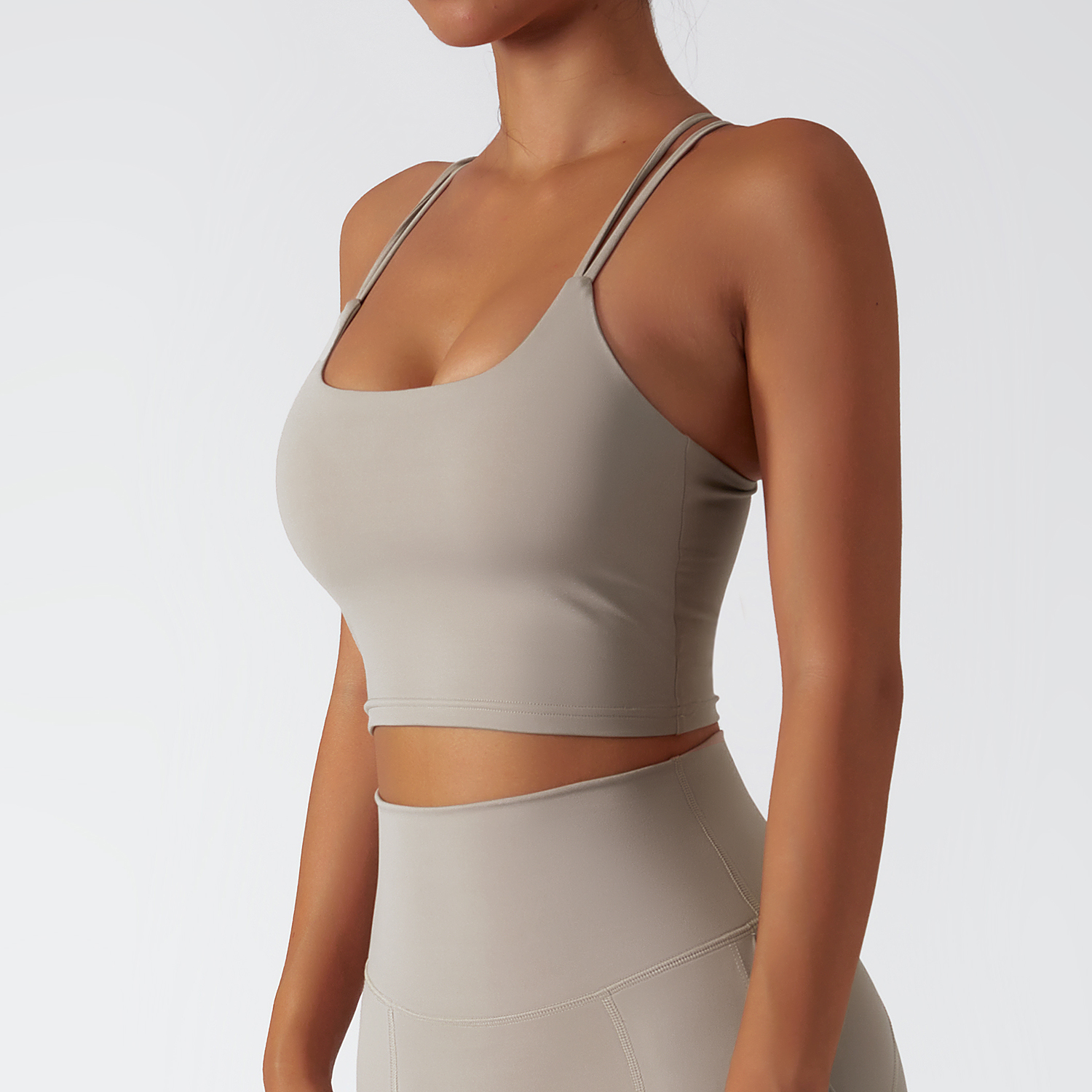 Buy Hergymclothing Camel Brown environmentally friendly recycled fabric 4 way stretch ethically made naked feel high support cross back sports bra at an affordable price