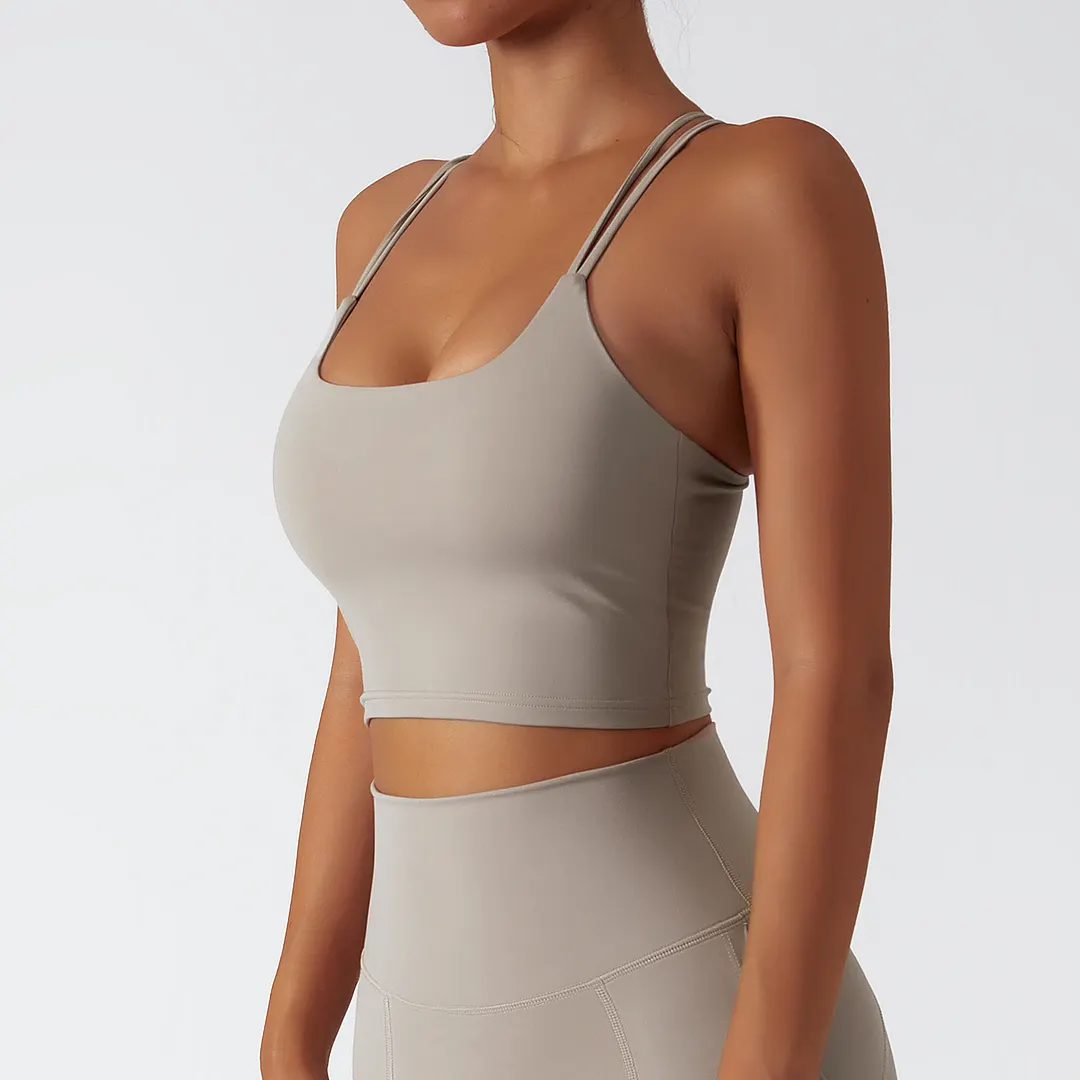 Buy Hergymclothing Camel Brown environmentally friendly recycled fabric 4 way stretch ethically made naked feel high support cross back sports bra at an affordable price