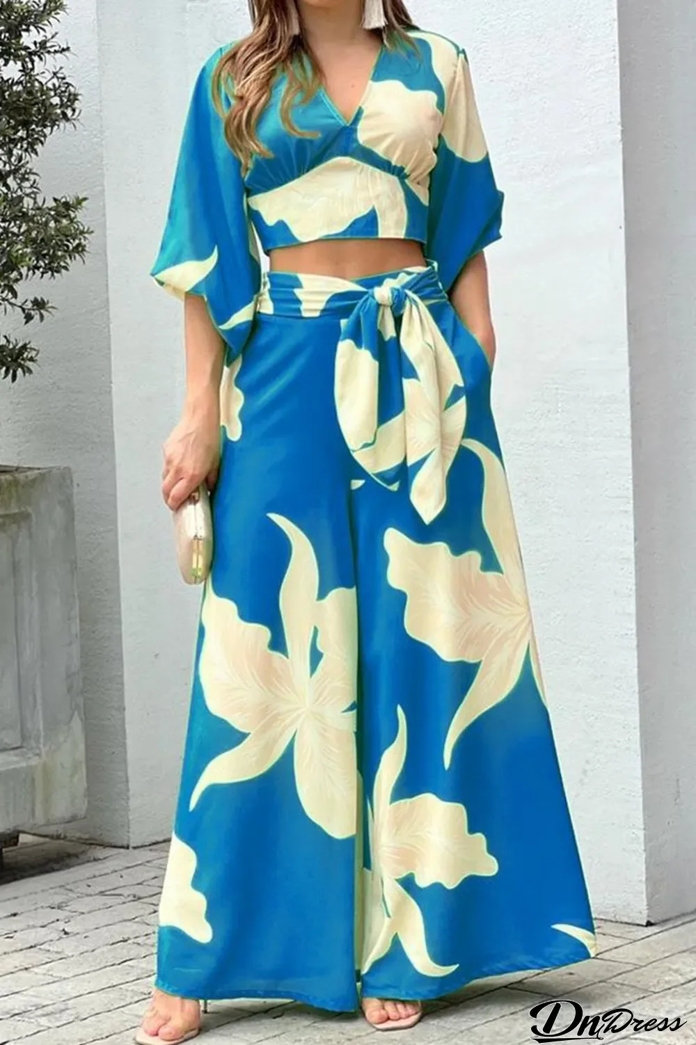 Blue Casual Print Patchwork V Neck Three Quarter Two Pieces