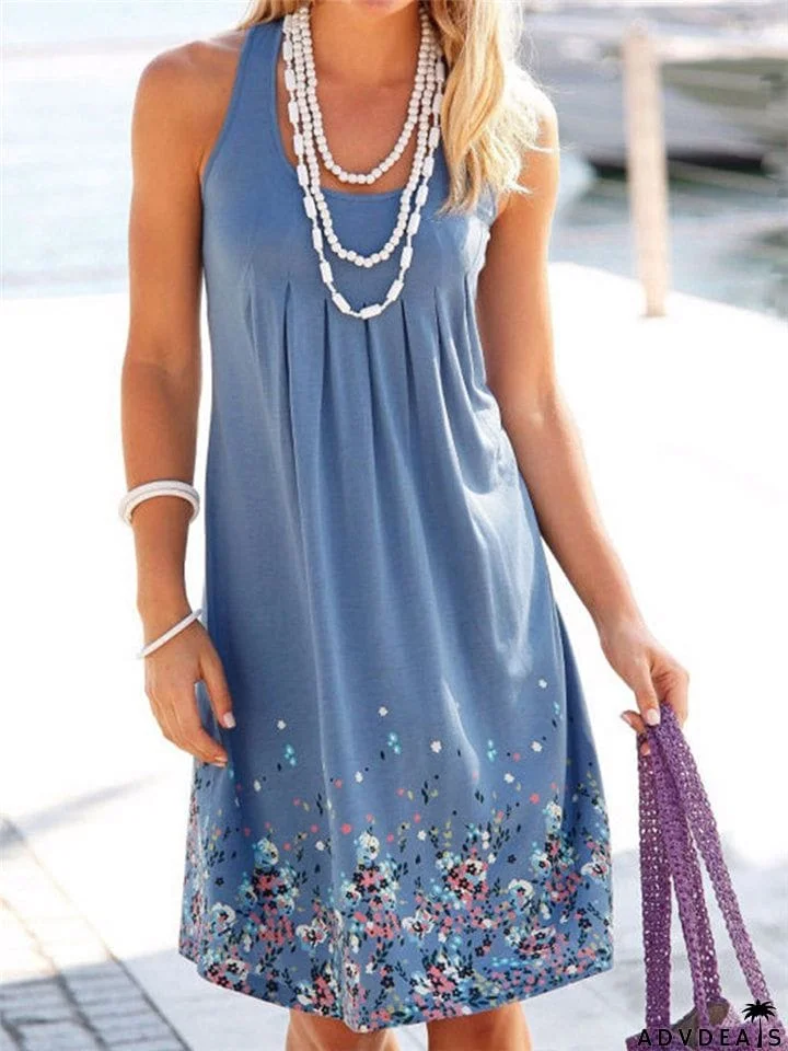 Comfy Loose Floral Print O-Neck Sleeveless Dresses
