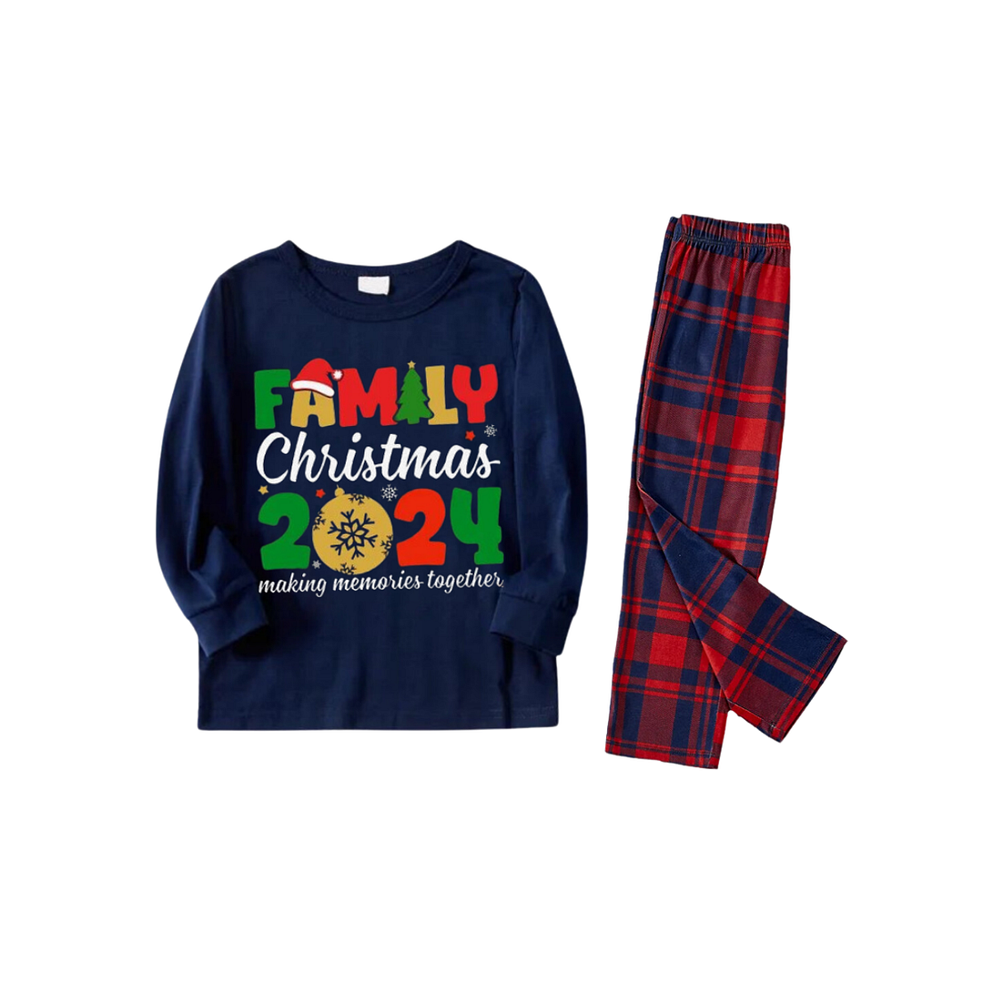 "Family Christmas 2024" Cute Text and Santa Hat Prints Blue Long Sleeves Top with Red and Blue Plaid Pants Christmas Matching Pajamas