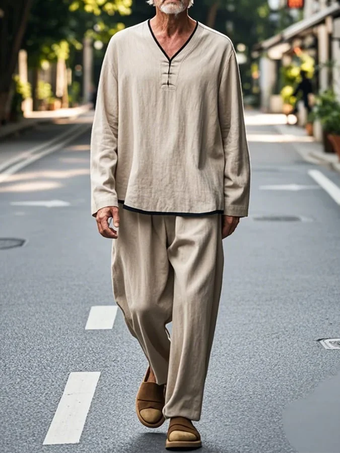 Men's Casual Solid Color Cotton And Linen Long-Sleeved Trousers Suit 