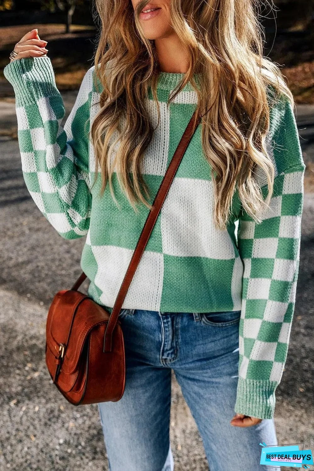 Mint Green Checkered Print Drop Shoulder Sweater