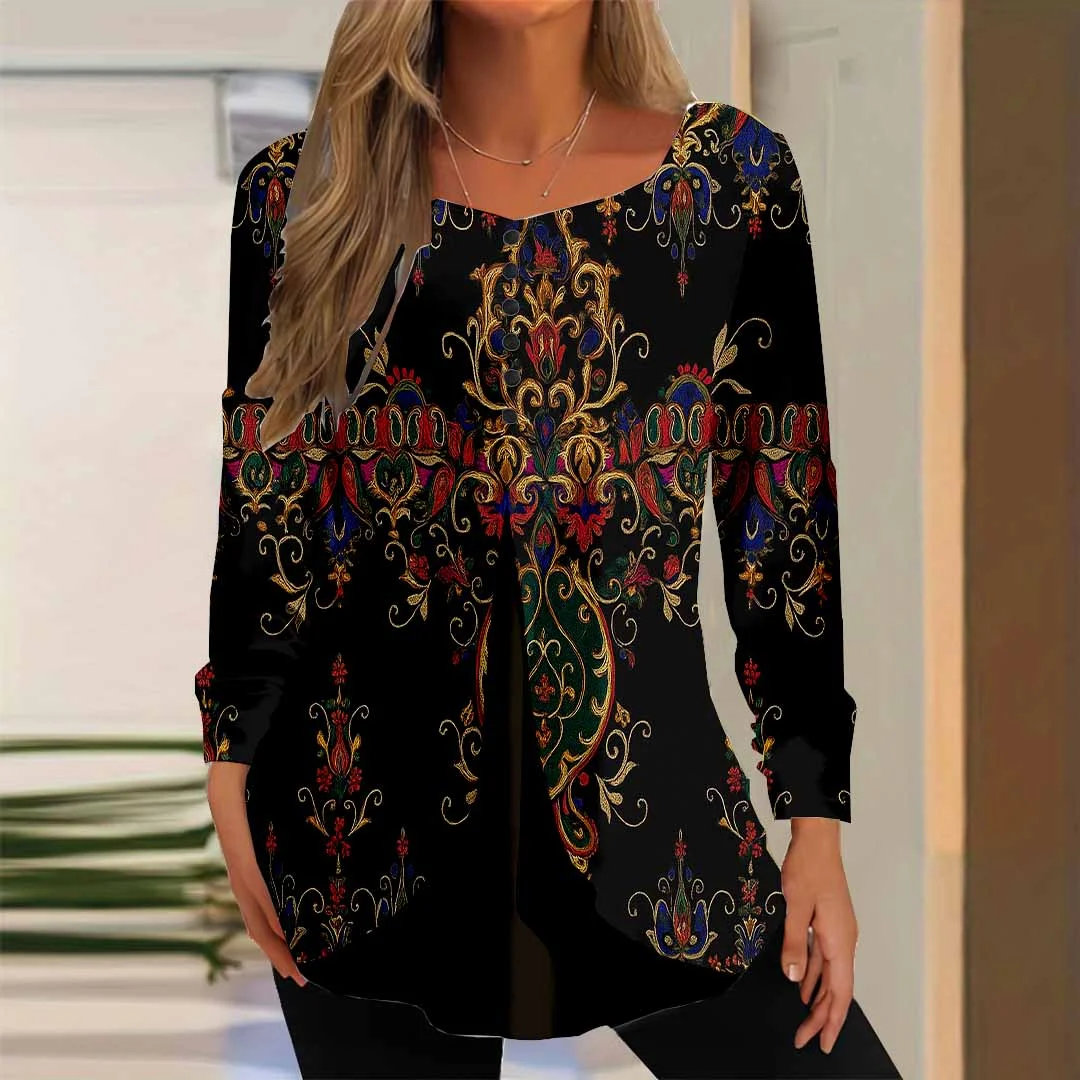 Women Graphic,Black DZGG8289 Long Sleeve Scoop Neck Printed Graphic Button Fake 2in1 Tops