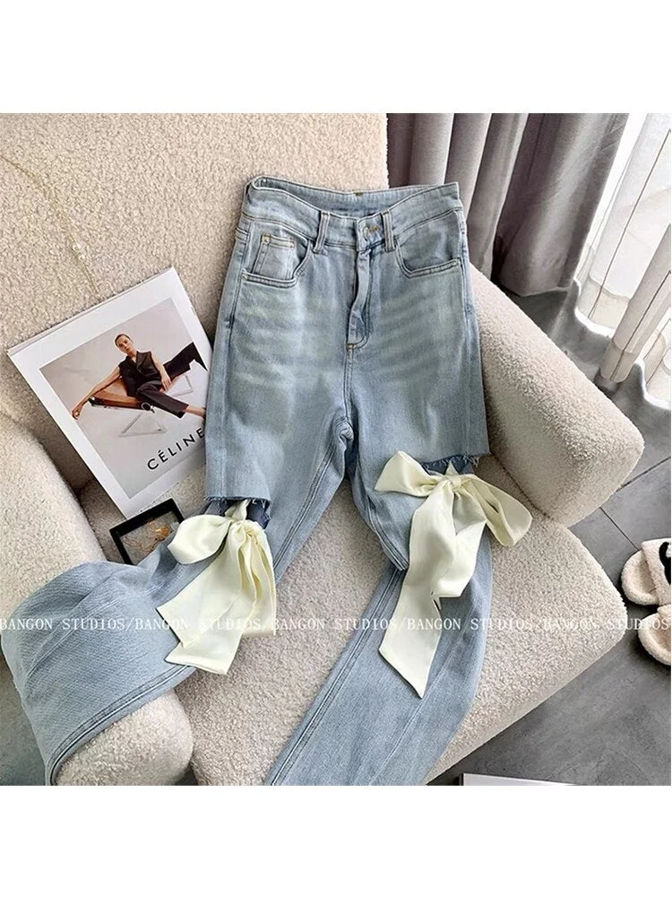 Streetwear High Waist Women&#39;s Fashion Jeans Ladies Sweet Bow Wide Leg Pants Ripped Hole Trousers Fashion All-Match Bagge Jeans