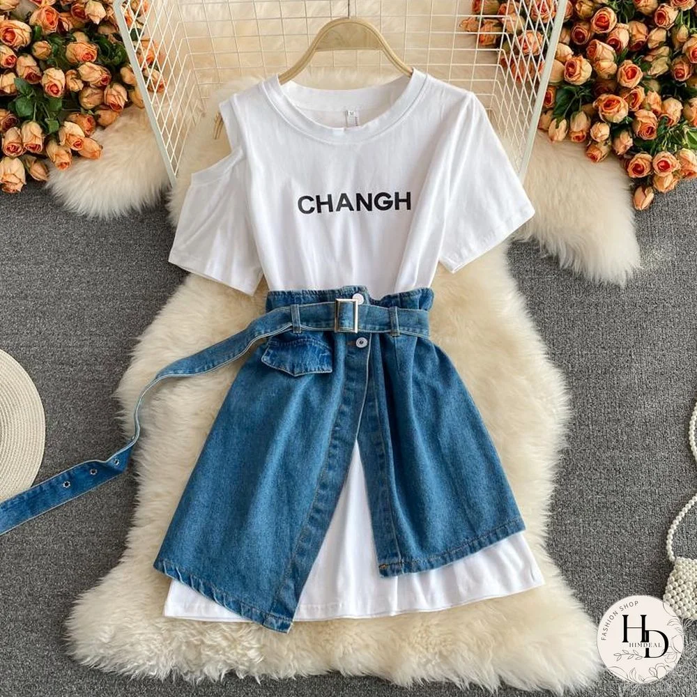 Fashion Long Tee+Denim Skirt P11596