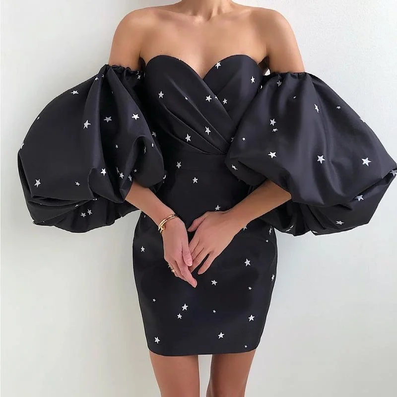 Puff Sleeve High Waist Wrapped Five-pointed Star Print Gown
