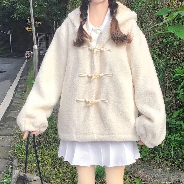 Nncharge Thick Japan Style Kawaii Pink Sweet Jackets Women Rabbit Ear Loose Hooded Outerwear Y2k Lamb Wool Coats Horn Button