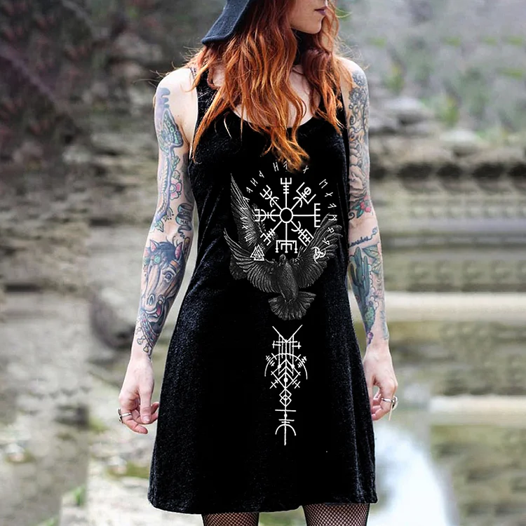 Retro Tribal Bird Viking Ethnic Graphics Print Suspender Dress